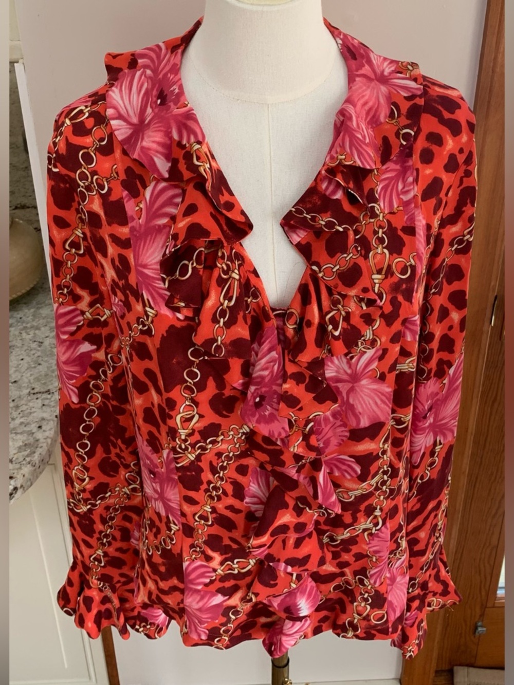 100% Silk Ruffled V-Neck Floral & Chain Print Blouse - Red/Pink